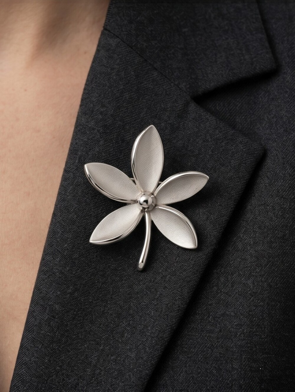 VTG  Crown Trifari Silver Tone Flower Brooch Matte Finish 50 60s Floral Jewelry